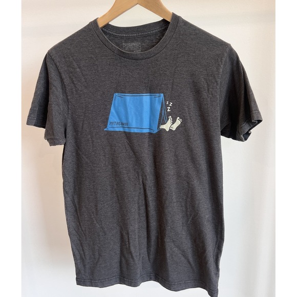 Patagonia Men's M Gray Sleeping In Tent Camping Graphic T-Shirt Tee - Picture 1 of 5